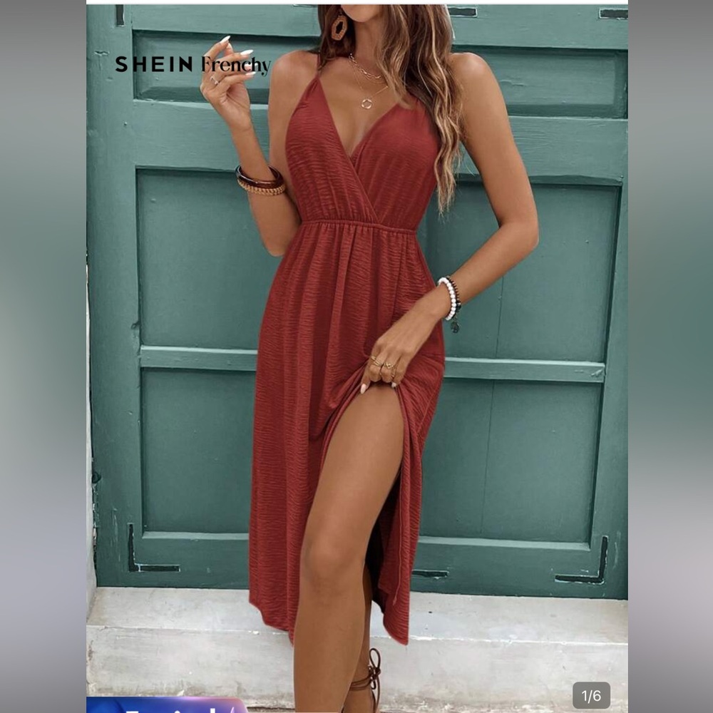 SHEIN Rust Red Sleeveless V‑Neck Midi Dress with Side Slit